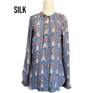 Jamison SILK‎ Southwestern Aztec Herringbone Print Tie Neck Long Sleeve Sm
